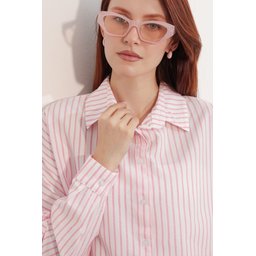 قميص نسائي مخطط واسع 20412 - وردي Women's Oversize Striped Shirt 20412 - Pink