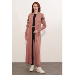 جاكيت تريكو طويل 15690 - لون وردي مجفف 15690 Long Knit Cardigan - Dried Rose