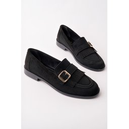 حذاء لوفر نسائي MUGGO TUFT أسود شمواه بتوكة ذهبية وشرابة MUGGO TUFT Black Suede Women's Loafer Shoes with Gold Buckle & Tassel