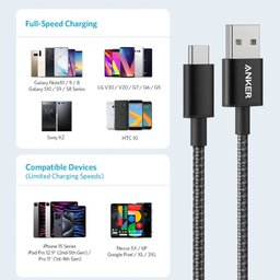 أنكر كابل نايلون مضفر يو إس بي أي إلى يو إس بي سي بطول 1.8 متر Anker Nylon Braided USB-A to USB-C Cable 6ft- 1.8m