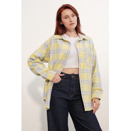 قميص 3854 نسائي فضفاض منقوش بجيب واحد - نعناعي 3854 Women's Plaid Oversize Single Pocket Shirt - Mint