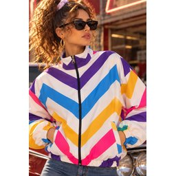 جاكيت بومبر نسائي بنقشة هندسية - متعدد الألوان 0781 Women's Geometric Pattern Bomber Jacket 0781 - Multicolor