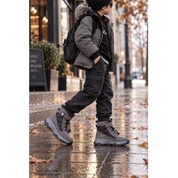 حذاء ثلج للأطفال Muggo TUNDY للجنسين مبطن بالفرو مع فيلكرو وأربطة - رمادي Muggo TUNDY Unisex Kids' Fur-Lined Snow Boot with Hook-and-Loop and Laces - Grey