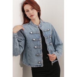جاكيت جينز نسائي 0771 بأزرار - أزرق Women's Button-Detailed Denim Jacket 0771 - Blue