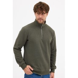 سويت شيرت رجالي قطني بياقة قائمة وسحاب نصفي، قصة عادية، لون كاكي Men's Khaki Standard Fit Cotton Half-Zip Stand-Up Collar Sweatshirt