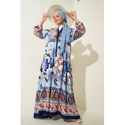 فستان محتشم بتصميم أصيل 2423 - أزرق داكن 2423 Authentic Patterned Modest Dress - Dark Blue