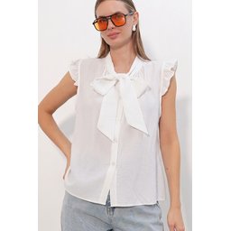 بلوزة نسائية بيضاء بدون أكمام بربطة عنق - موديل 40038 Women's Tie-Neck Sleeveless Blouse 40038 - White