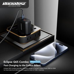 شاحن RR Eclipse G65 Combo بقدرة 65 واط – PD – مع كيبل 1 متر USB-C إلى USB-C – أسود RR Eclipse G65 Combo 65W PD with 1M C to C Cable Black