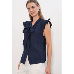 بلوزة نسائية بدون أكمام بربطة عنق 40038 - كحلي Women's Tie-Neck Sleeveless Blouse 40038 - Navy Blue