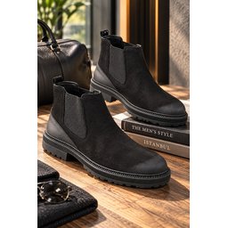 حذاء تشيلسي رجالي Muggo BRAWN جلد طبيعي أسود بنعل سميك Muggo BRAWN Genuine Leather Distressed Toe Elastic Thick Sole Men's Chelsea Boot - Black