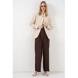 جاكيت بليزر نسائي بيج فضفاض بزر واحد 0749 Women's Single Button Oversize Blazer Jacket 0749 - Beige