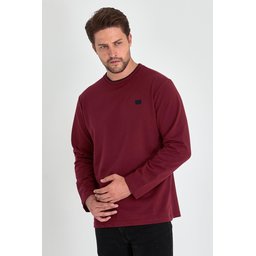 سويت شيرت رجالي ياقة دائرية مزدوجة بطبعة، قصة مريحة - عنابي Men's Burgundy Double Crew Neck Printed Standard Fit Sweatshirt