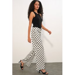 بنطلون نسائي واسع الساقين منقط 30116 - أبيض Women's Wide Leg Polka Dot Trousers 30116 - White