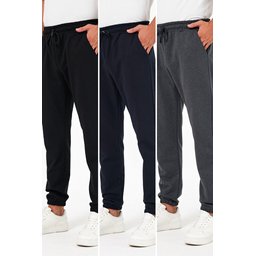 طقم بنطلون رياضي رجالي 3 قطع جوغر سميك أسود، كحلي، أنثراسيت بجيوب خلفية Men's 3-Pack Jogger Sweatpants - Thick Black, Navy, Anthracite with Back Pockets, Regular Fit
