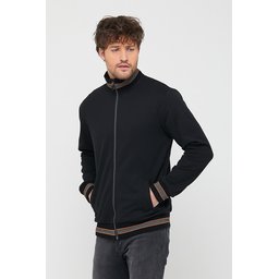 جاكيت كارديجان رجالي أسود بياقة قائمة وسحاب، بقصة عادية وأكمام طويلة Men's Black Regular Fit Stand-Up Collar Zippered Long Sleeve Cardigan