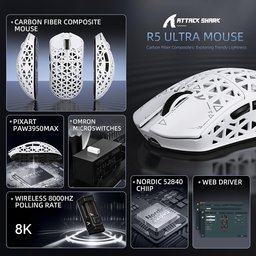ماوس ألعاب لاسلكي أتاك شارك R5 ألترا من ألياف الكربون ATTACK SHARK R5 Ultra Carbon Fiber Wireless 8K Gaming Mouse