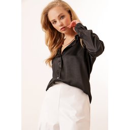 قميص ساتان انسيابي خفيف الوزن 3964 - أسود داكن 3964 Lightweight Draped Satin Shirt - Dark Black