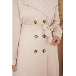 T5853 ترنشكوت نسائي محتشم بياقة متقاطعة وحزام - بيج T5853 Modest Crossover Collar Belted Trench Coat - Beige