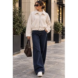 جاكيت نسائي بسحاب وتفاصيل حزام 0784 - كريمي Women's Belt Detail Zipper Jacket 0784 - Cream