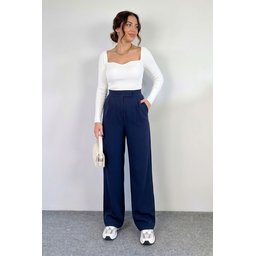 بنطلون بالازو نسائي ليكرا بخصر عالٍ وأزرار لاصقة وجيوب - كحلي Women's Lycra High-Waist Palazzo Pants with Velcro Closure and Pockets - Navy Blue