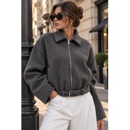 جاكيت نسائي بسحاب وتفاصيل حزام - أنثراسيت 0784 Women's Belt Detailed Zipper Jacket 0784 - Anthracite