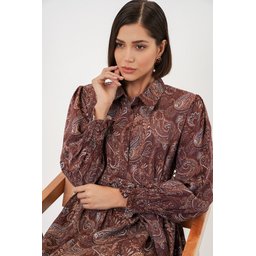 فستان نسائي محتشم بحزام 2589 - بني Women's Belted Modest Dress 2589 - Brown