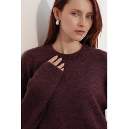 كنزة نسائية تريكو فضفاضة بتفاصيل تول 15968 - خمري Women's Oversize Knitted Sweater with Tulle Detail 15968 - Burgundy
