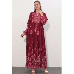 فستان نسائي طويل محتشم بنقشة 2585 - C. Bordo Women's Patterned Long Modest Dress 2585 - C. Bordo