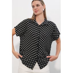 3711 قميص نسائي منقط بنصف كم - أسود 3711 Women's Polka Dot Half Sleeve Shirt - A.Siyah