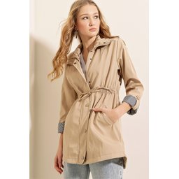 ترنشكوت بيج برباط خصر 10322 10322 Beige Trench Coat with Drawstring Waist