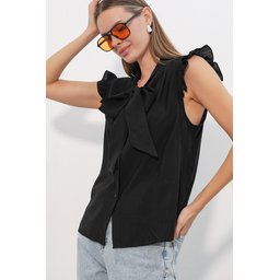 قميص نسائي بدون أكمام بربطة عنق 40038 - أسود Women's Tie-Neck Sleeveless Blouse 40038 - Black