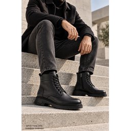 بوت رجالي Muggo DIARA شتوي جلد طبيعي برباط وسحاب - أسود Muggo DIARA Men's Genuine Leather Lace-Up & Zipper Winter Boots - Black