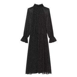 فستان ميدي أسود بنقشة البولكا دوت وأكمام مكشكشة Polka dot dress with puffed sleeves