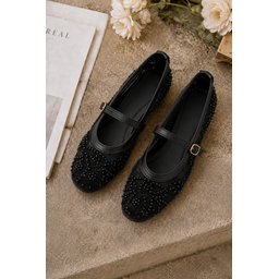 حذاء باليه نسائي Muggo LACE أسود بتفاصيل شبكية وخرز وحزام Muggo LACE Women's Mesh Detailed Beaded Strap Ballet Flats - Black