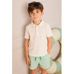 تي شيرت بولو للأطفال منقوش - إيكرو (2-10 سنوات) Embossed Polo Collar T-Shirt for Kids - Ecru (2-10 Years)
