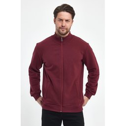 جاكيت رجالي بورجوندي بسحاب وياقة قائمة وجيوب جانبية مبطن بالقطن Men's Burgundy Cotton-Lined Zippered Stand-Collar Cardigan with Side Pockets