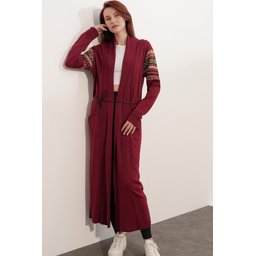 جاكيت كارديجان تريكو طويل 15690 - خمري 15690 Long Knitted Cardigan - A.Bordo