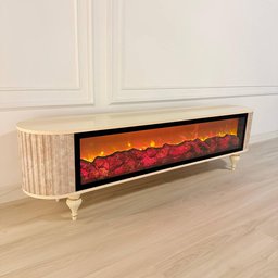 ميز شاشة تركي مع  إضاءة ديكورية ثلاثية الأبعاد 3D Turkish Luxury Cream Marble-Effect TV Stand with 3D Decorative Flame Lighting