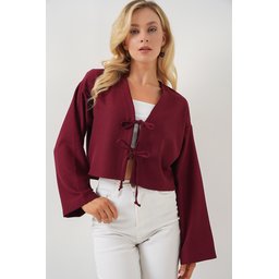 كيمونو كتان برباط أمامي 960 - خمري Front Tie Linen Kimono 960 - Burgundy