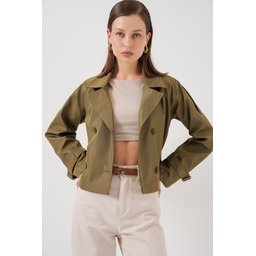 جاكيت ترنش نسائي قصير بحزام 5970 - كاكي Women's Belted Short Trench Coat 5970 - Khaki