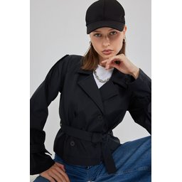 ترنشكوت نسائي قصير بحزام 5970 - أسود Women's Belted Short Trench Coat 5970 - Black