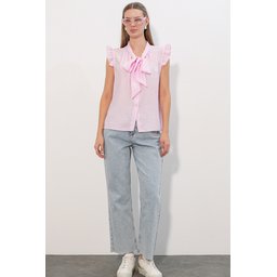 بلوزة نسائية بدون أكمام بربطة عنق 40038 - وردي Women's Tie-Neck Sleeveless Blouse 40038 - Pink