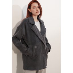 9143 جاكيت نسائي من الصوف بياقة متقاطعة - أنثراسيت 9143 Women's Anthracite Crossover Collar Wool Blend Jacket