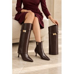 بوت نسائي Muggo ELOISE 2 في 1 قابل للفصل بكعب رفيع ومدبب - بني Muggo ELOISE 2-in-1 Detachable Shaft Pointed Toe Stiletto Heel Women's Boots - Brown