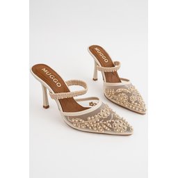 Muggo PEARLY حذاء نسائي بكعب رفيع مدبب وتطريز خرز وشبك - بيج Muggo PEARLY Pointed-Toe Beaded Mesh Stiletto Mules for Women - Nude