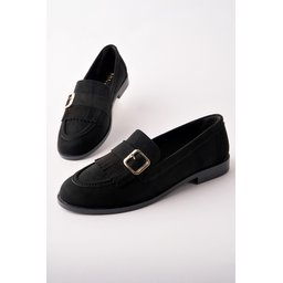 حذاء لوفر نسائي MUGGO TUFT أسود شمواه بتوكة ذهبية وشرابة MUGGO TUFT Black Suede Women's Loafer Shoes with Gold Buckle & Tassel