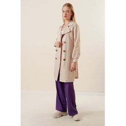 5864 ترنشكوت قصير بياقة متقاطعة - بيج 5864 Crossover Collar Short Trench Coat - Beige