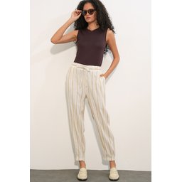 بنطلون نسائي مخطط من الكتان 30102 - بيج Women's Striped Linen Trousers 30102 - Beige