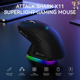 ماوس ألعاب أتاك شارك X11 لاسلكي ثلاثي الاتصال مع قاعدة شحن مغناطيسية وإضاءة RGB ATTACK SHARK X11 Tri-Mode Wireless Gaming Mouse with Magnetic Charging Dock