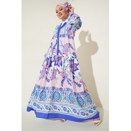 فستان محتشم بنقشة أصيلة 2423 - كحلي داكن 2423 Authentic Patterned Modest Dress - Dark Navy